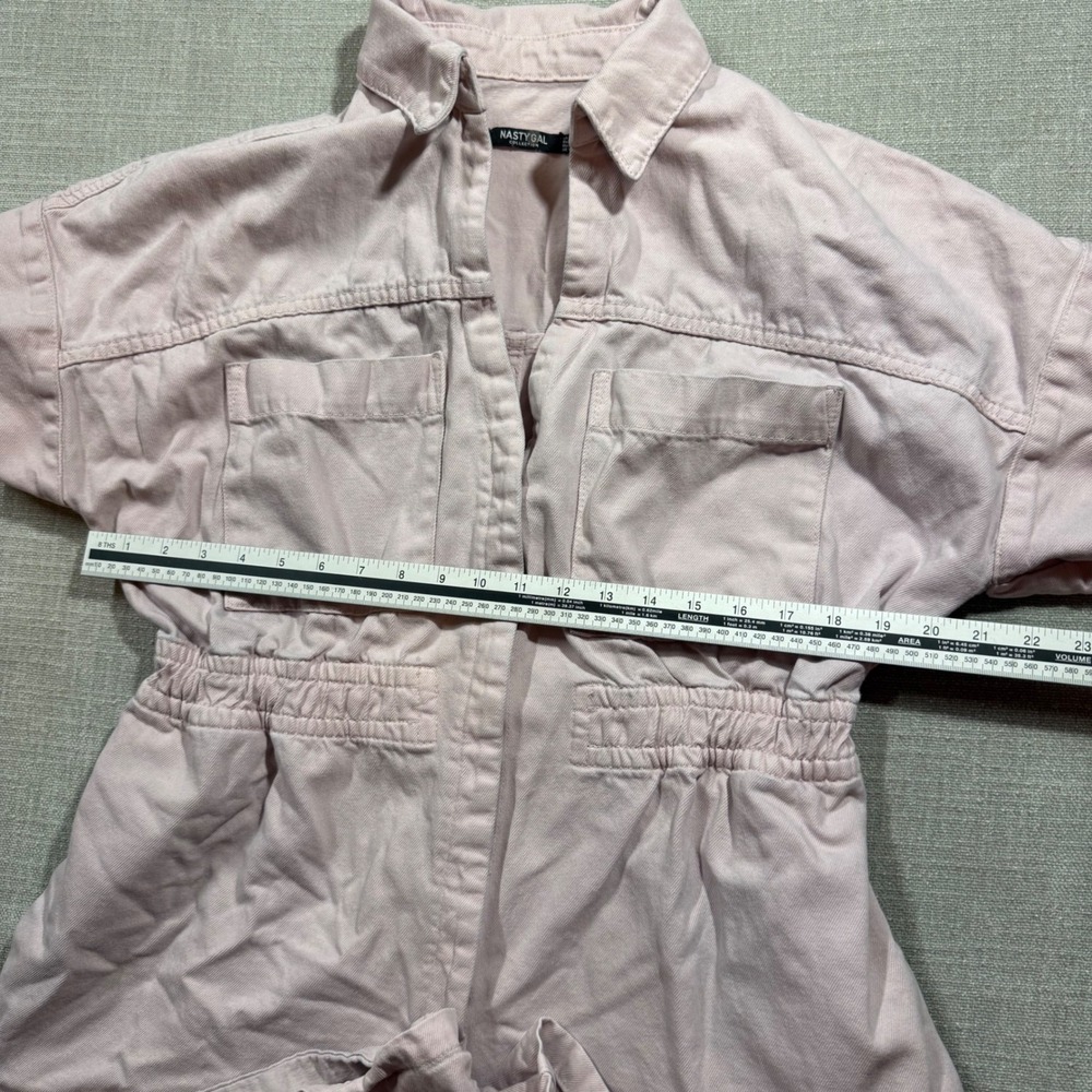 Nasty Gal Pink Denim Romper Utility Boiler Suit Shorts US 12 Large Short Sleeve - Picture 3 of 6